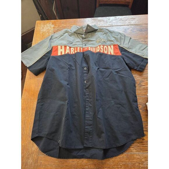 Vtg Harley Davidson Mens Button Down Shop Work Mechanic Shirt Gray Black sz L - Picture 1 of 3
